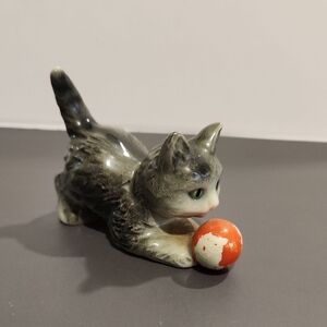 Goebel West Germany Gray and White Ceramic Cat Figurine with Red Ball